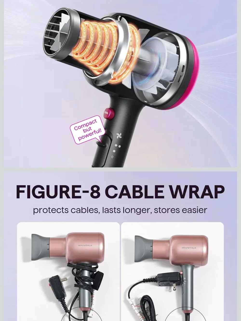 Black Ceramic Hair Dryer with 3 Attachments - Lightweight Fast Drying
